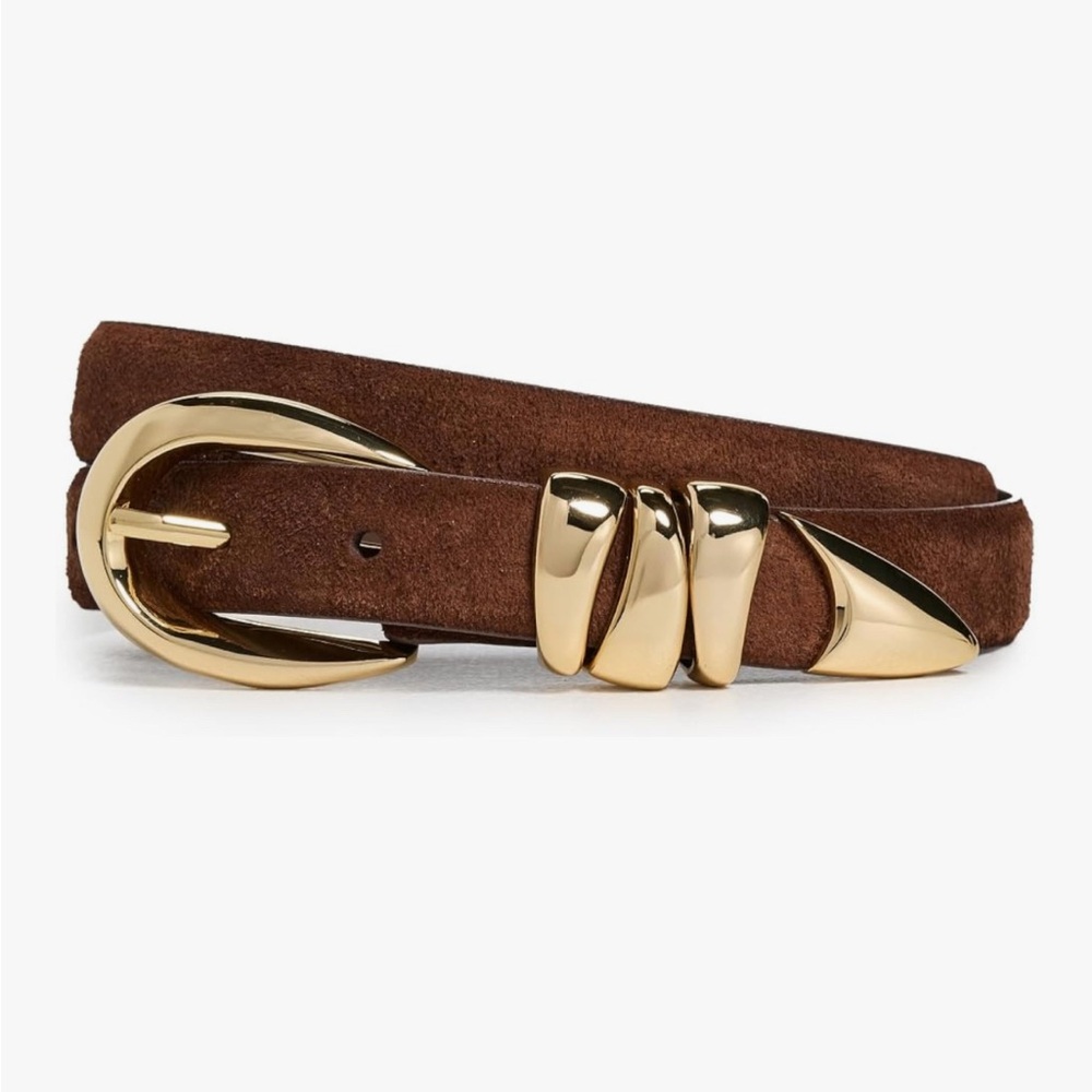 New Real Leather Brown Suede Belt with Gold Triple Metal Accents